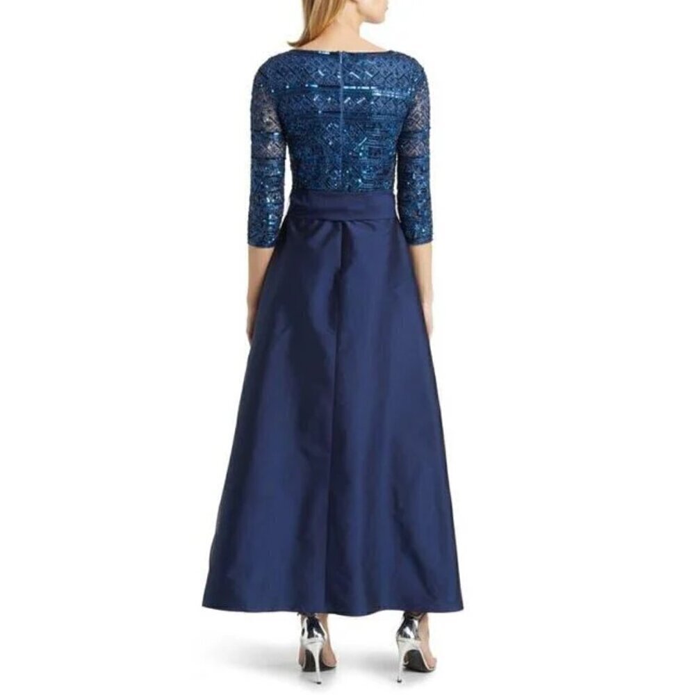 PISARRO NIGHTS Beaded Tie Waist Taffeta Gown in Denim 427 Size US 6 NWT - Picture 3 of 10
